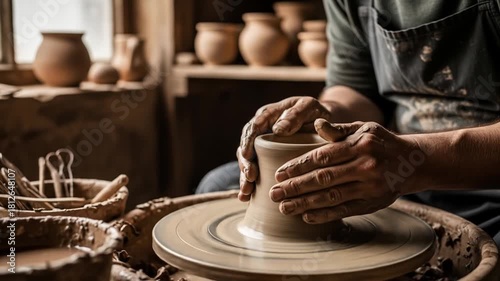 Crafting Beauty: A Potter's Hands Shaping Clay into Vessels of Artistry and Functionality in a Cozy Workshop Setting, Showcasing Skill and Creativity