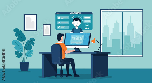 Illustration of a man sitting at a desk with two computer monitors in a modern office setting with a city view.