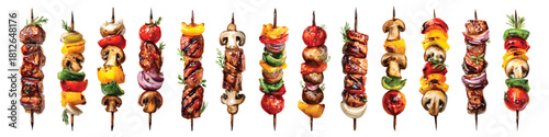 Grilled meat skewers BBQ Kebabs with vegetables set watercolor isolated on transparent background