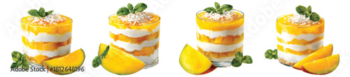 Layered mango dessert with cream and mint leaves, tropical sweet treat watercolor set isolated on transparent background