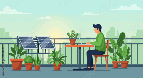 Man sitting at a table with a laptop surrounded by potted plants and solar panels on a balcony with a cityscape background at sunrise.