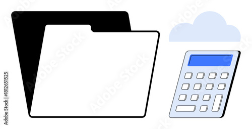 Folder beside calculator and cloud representing digital file management, storage, and calculations. Ideal for data storage, financial planning, accounting, organization, cloud technology, business