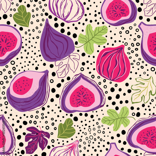 Modern fig fruits seamless pattern. Cute hand drawn bright fruits, leaves and spotted animal skin repeat background, tropical nature wallpaper, print, textile design, gift paper. Vector illustration.