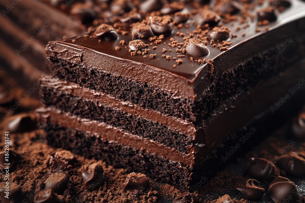 Obraz premium Piece of chocolate cake. Coffee cake cut. Creamy brownie dessert