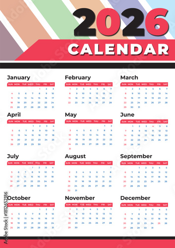 2016 calendar with monthly grids. A full year 2026 calendar is presented, showing all twelve months and their corresponding dates in a grid format.