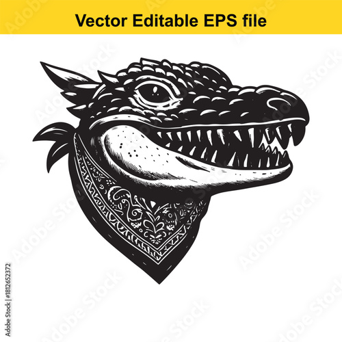 Angry crocodile or alligator head with bandana isolated on