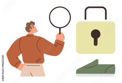 Man inspects a lock with magnifying glass, symbolizing security, investigation, exploration, and protection. Ideal for research, privacy, technology, safety curiosity detective work simple flat