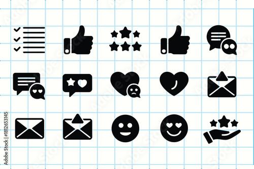 Collection of black social media and feedback icons on a white grid background