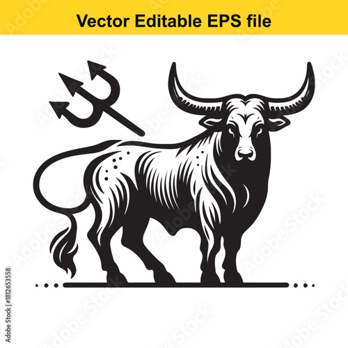 Black and white vector illustration of a bull with a trident