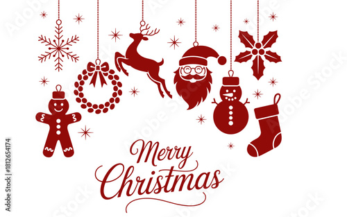 Christmas border, red ornaments background