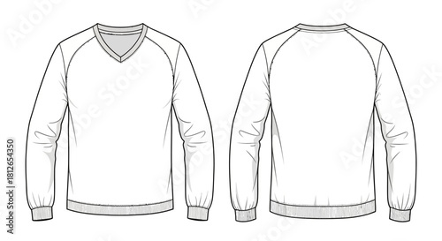 Technical Fashion Sketch of Men's V-Neck Raglan Sleeve Sweatshirt Pullover Template (Front and Back View)