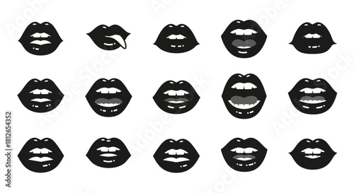 Collection of Black and White Women's Lips Vector Icons Showing Different Emotions and Expressions