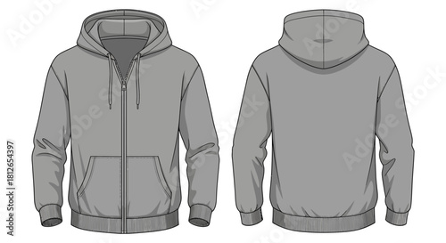 Technical Fashion Illustration of Men's Grey Zip-Up Hoodie Sweatshirt Template (Front and Back View)
