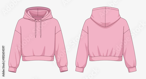 Technical Flat Sketch of Women's Pink Cropped Hoodie Sweatshirt with Drawstring Hood Front and Back