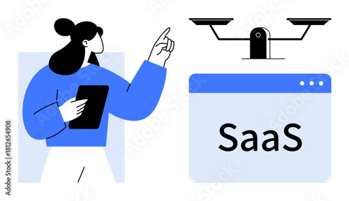 Woman holding tablet point to justice scale above a SaaS browser window. Ideal for technology, cloud computing, justice, software, innovation, analytics, digital solutions. Simple flat metaphor