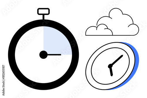 Stopwatch with shaded timer, analog clock, and minimalist clouds. Ideal for efficiency, time management, deadlines, forecasts, productivity planning and scheduling. Clean simple flat metaphor