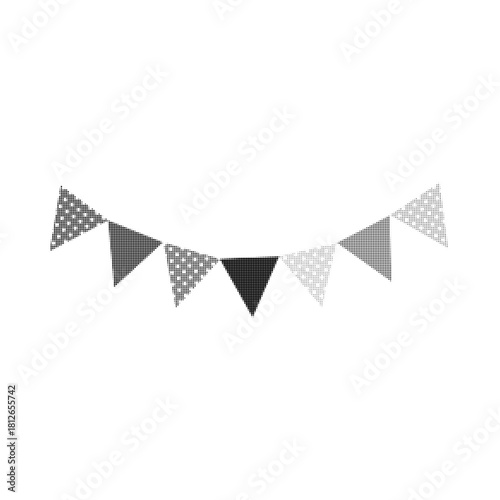 Halftone illustration of party pennant flags in monochrome style. Minimal festive decoration element for celebration design, birthday themes, and modern event graphics.