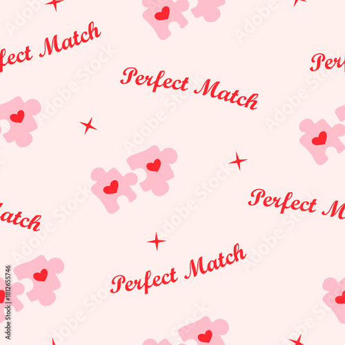 Hand drawn seamless pattern with cute puzzle pieces and text in flat doodle style. Valentine vector background for textile and paper in cartoon stylisation. 
Love wallpaper 