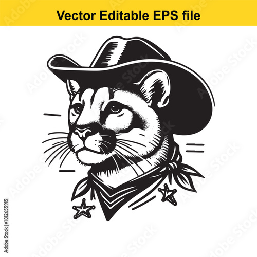 Cougar head wearing cowboy hat and bandana vector illustration