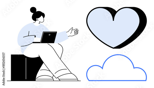 Woman sitting with tablet, gesturing beside oversized heart and cloud shapes. Ideal for connection, technology, communication, love, data, creativity relationships. Simple flat metaphor