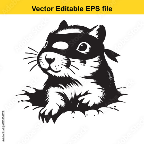 Black and white vector illustration of a squirrel wearing a bandit mask