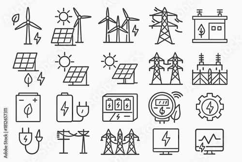 Renewable Energy and Power Grid Line Icons Set