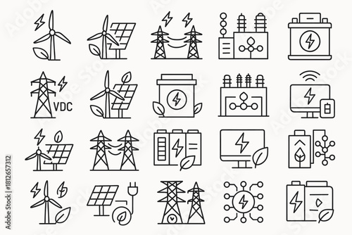 Renewable Energy and Power Grid Line Icons Set