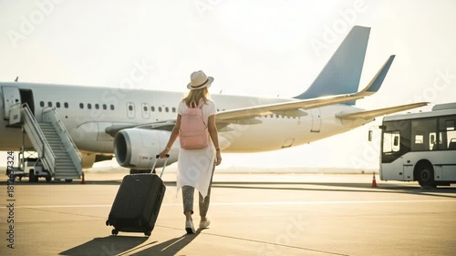 Woman with luggage walking towards airplane on sunny airport tarmac motion animated video 4k