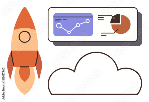 Rocket launching beside an analytics dashboard and cloud. Ideal for innovation, startup growth, technology, data analysis, business strategy, progress planning, simple flat metaphor