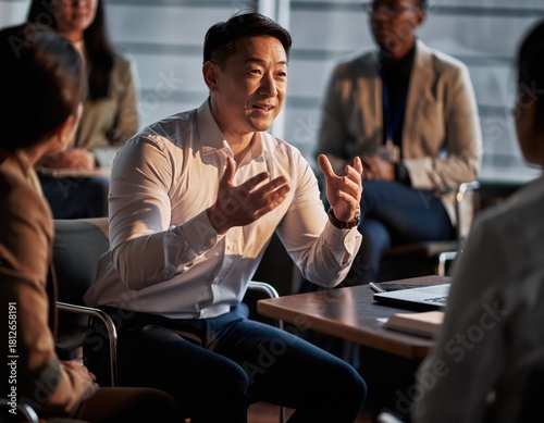 Engaging Male Employee Leading Small Group Discussion with Gestures