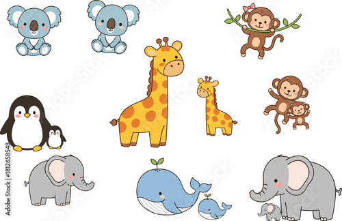 Animal family illustration, parent child animals, cute wildlife pairs, nurturing theme, educational clipart, flat vector illustration