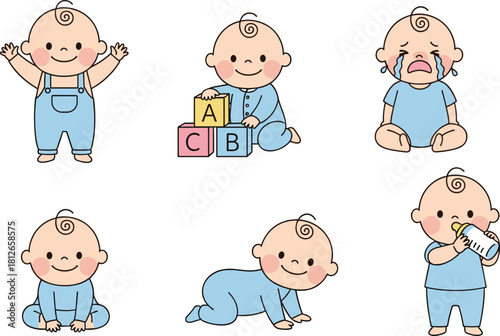 Baby activity poses, cute expressions, crawling baby, crying infant, playful toddler, parenting concept, child development, flat vector illustration