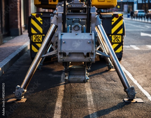 Mobile Hydraulic Crane with Outriggers Extended on City Street