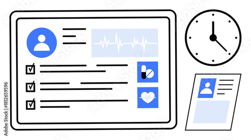 Health records. Health records interface with vital signs tracking and data management. Health records integrating patient care, medical updates, and clinical diagnostics. For healthcare, med-tech