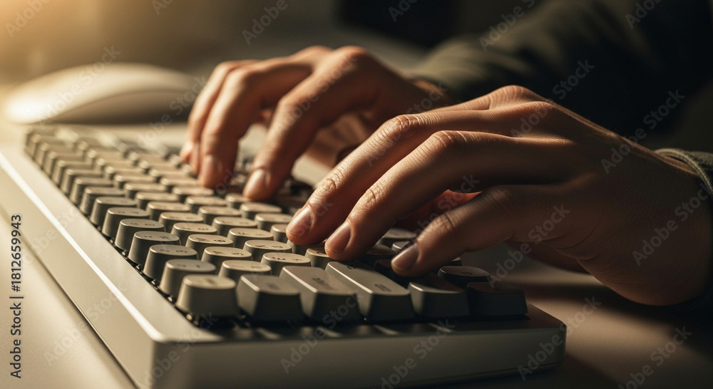 Fototapeta premium Typing Hands on Keyboard Close-up of Person Using Computer at Work