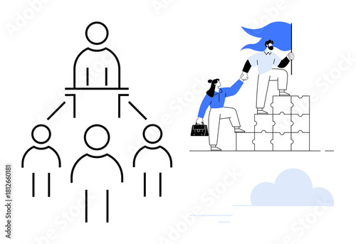Leader guiding and mentoring teammate with flag on puzzle platform and hierarchical team structure. Ideal for leadership, teamwork, mentorship, collaboration, growth, vision, organization. A simple