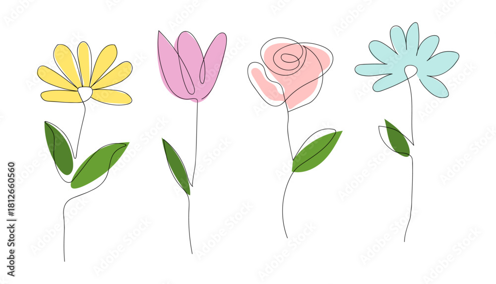 Obraz premium Four delicate line art flowers in pastel colors on white background
