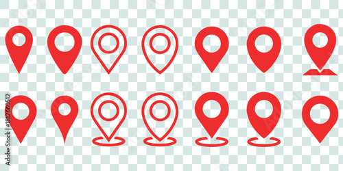 location icon, map pin icons in outline, black, and red styles. for maps, GPS, navigation apps, location markers, address indications, and geolocation interfaces