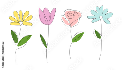 Four delicate line art flowers in pastel colors on white background