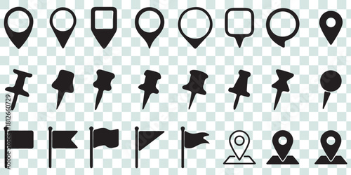 location icon, map pin icons in outline, black, and red styles. for maps, GPS, navigation apps, location markers, address indications, and geolocation interfaces