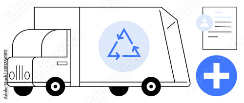 Truck with recycle arrow icon, document and user profile, medical plus. Ideal for sustainability, waste management, eco solutions, logistics, healthcare recycling teamwork. Simple flat metaphor