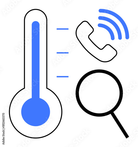 Thermometer symbolizing temperature, phone with signal waves for communication, magnifying glass for research or search. Ideal for science, technology, health, exploration, innovation, monitoring