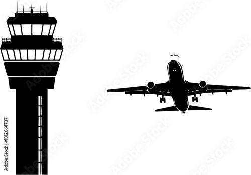 ransparent PNG available
Silhouette of an airport control tower with a plane taking off isolated on white background