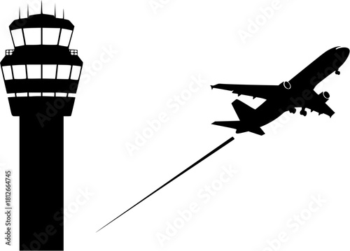 ransparent PNG available
Silhouette of an airport control tower with a plane taking off isolated on white background