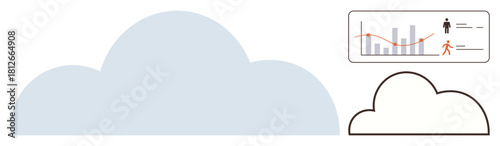 Large cloud shape and smaller cloud with data graphics featuring charts and figures. Ideal for tech, data analysis, digital service, cloud service, minimalism, innovation, simple flat metaphor