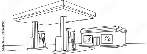 Continuous line drawing of a gas station isolated on white background for your projec