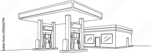Continuous line drawing of a gas station isolated on white background for your projec