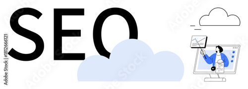 SEO concept. SEO focuses on cloud computing, analytics, and online marketing strategies. SEO drives web traffic, improves visibility, and enhances digital success. Ideal for business, marketing