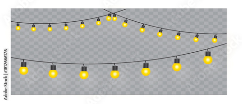  Golden fairy lights garland for festive decor. Warm bulbs for holidays celebration isloated on transparent background