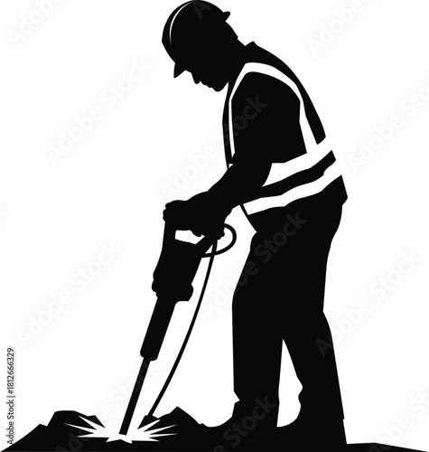 Construction worker with jackhammer breaking concrete silhouette vector